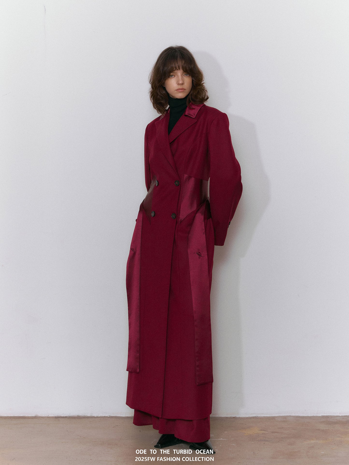 ODE TO THE TURBID OCEAN Extra Long Waist Cinched Blazer Coat, Padded Shoulder Long Coat for Tall Women