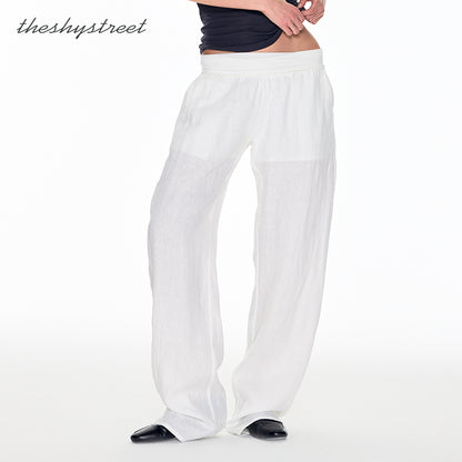LINEN TROUSERS WITH CUFFED KNIT WAISTBAND