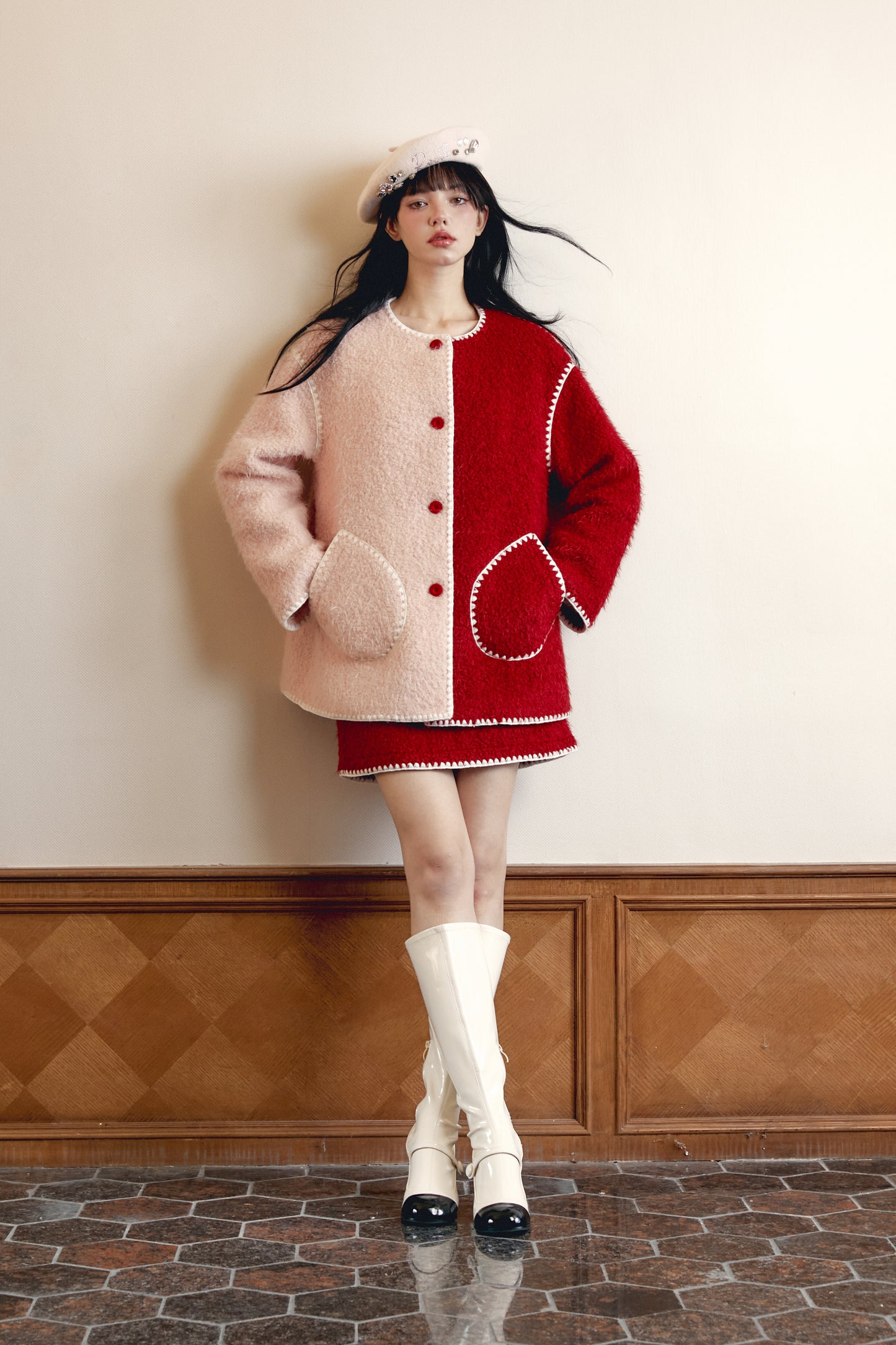 Red and Pink Color Block Wool Coat Set with Skirt