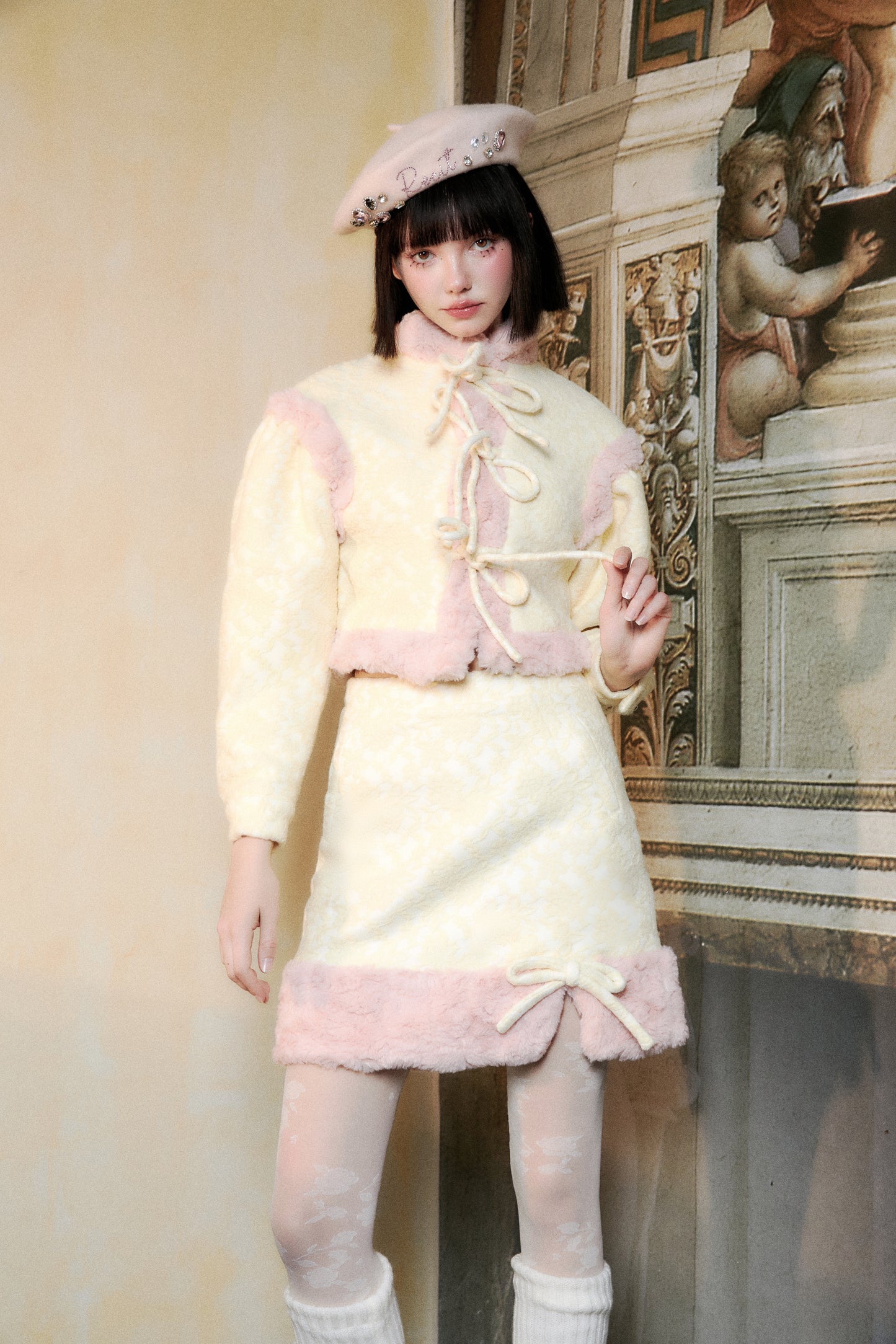 Yellow and Pink Color Block Three-dimensional Plush Suit, Skirt