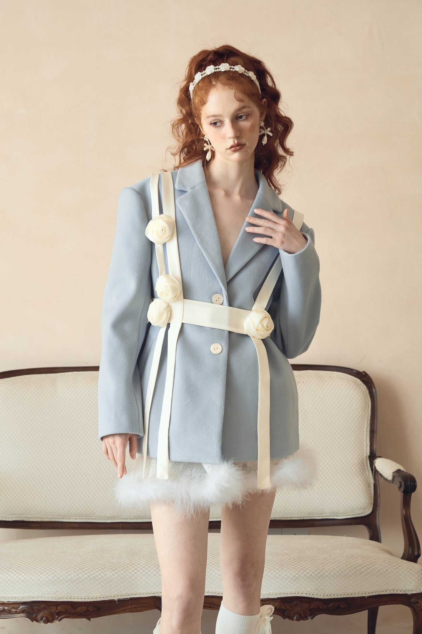 Three-dimensional Rose Decorated Milk Blue Woolen Suit