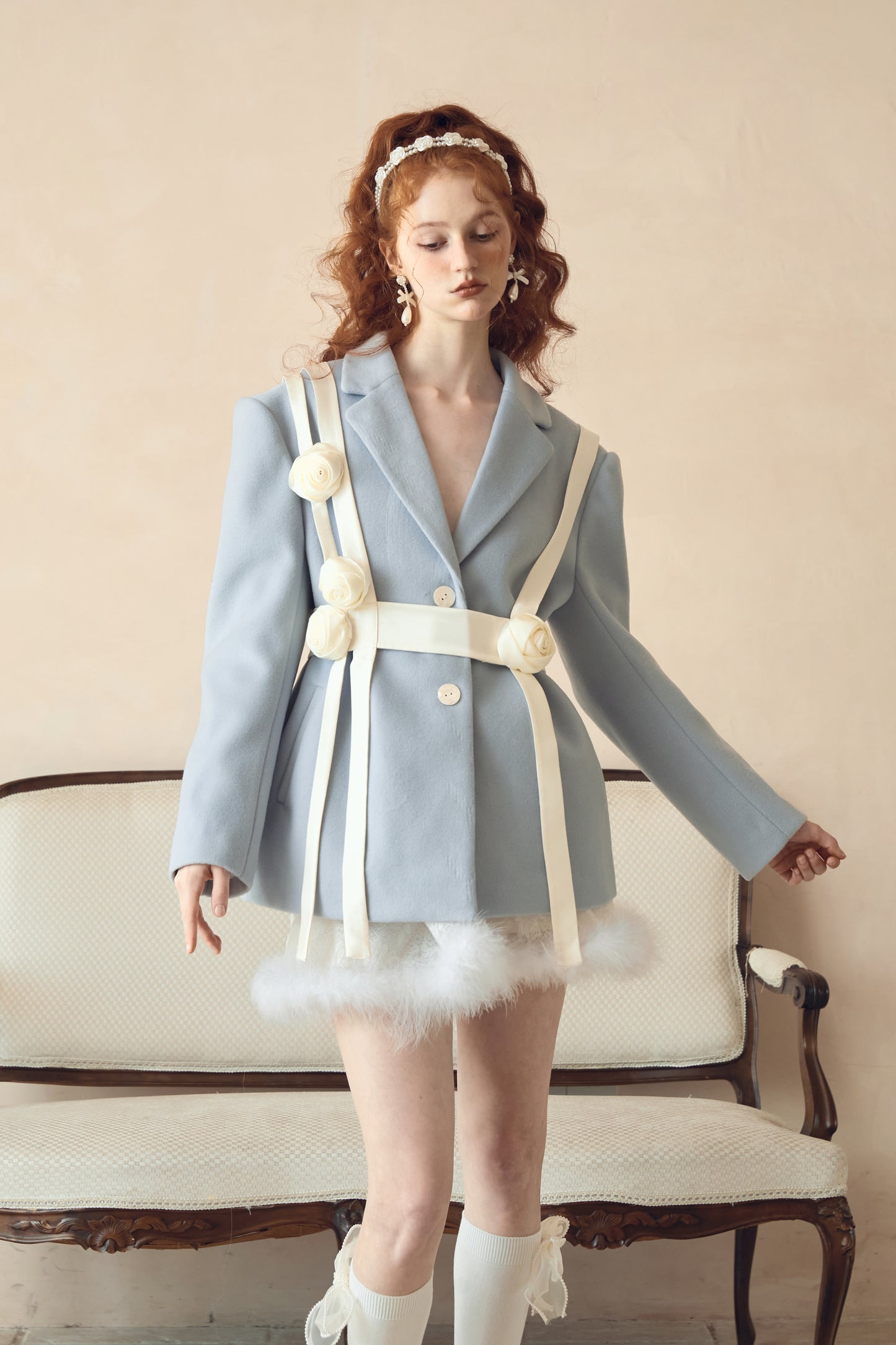 Three-dimensional Rose Decorated Milk Blue Woolen Suit
