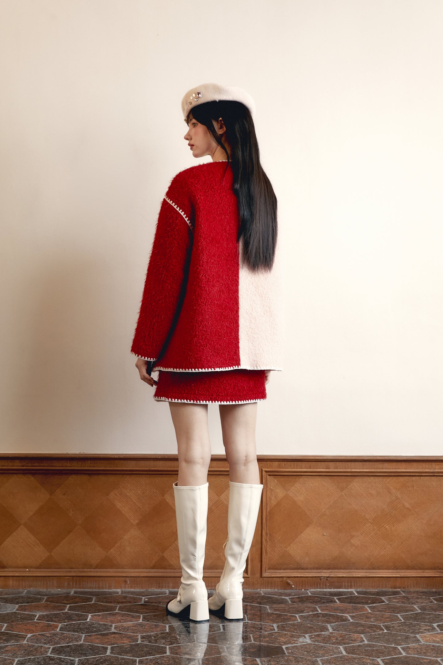 Red and Pink Color Block Wool Coat Set with Skirt