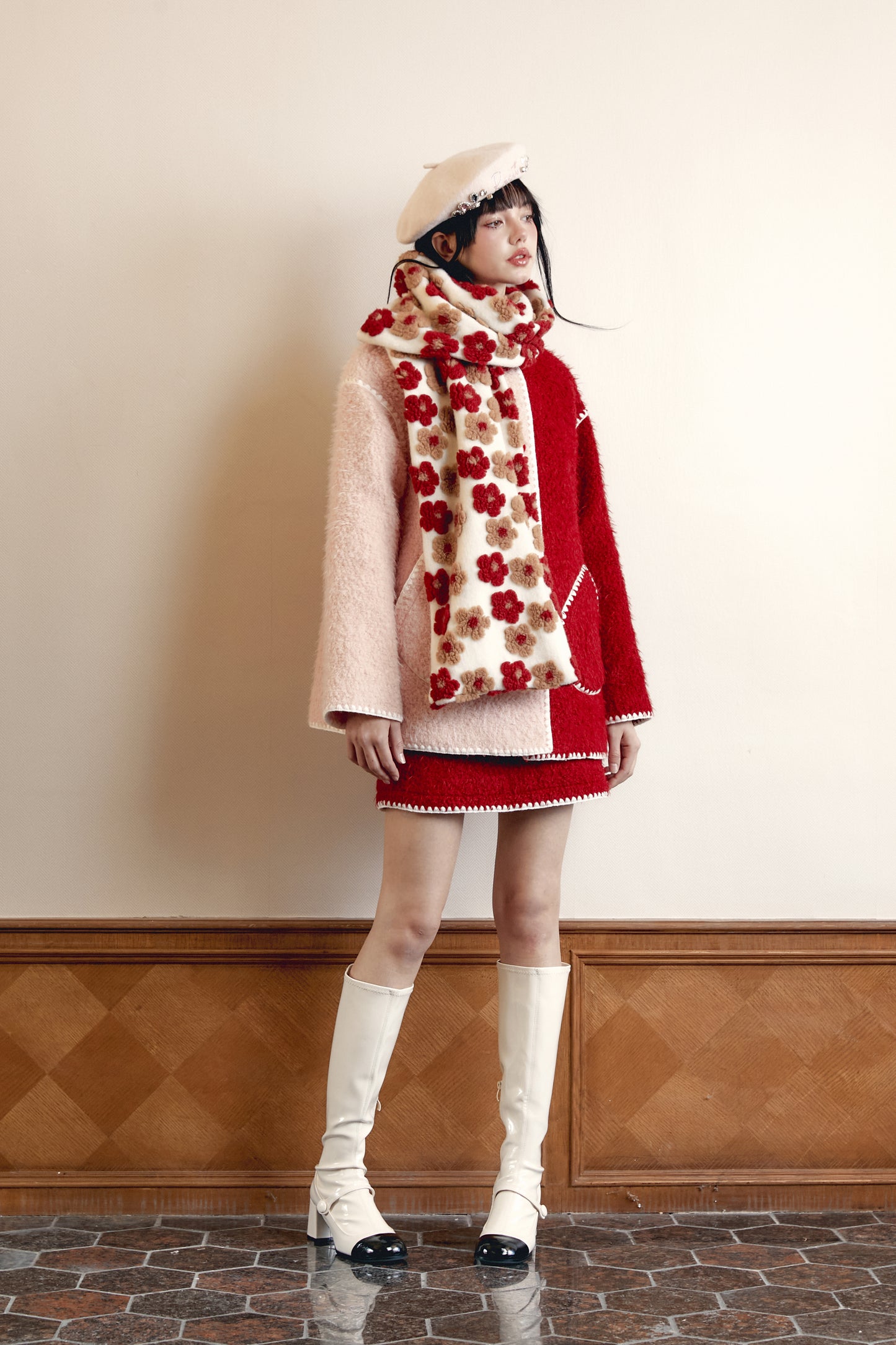 Red and Pink Color Block Wool Coat Set with Scarf