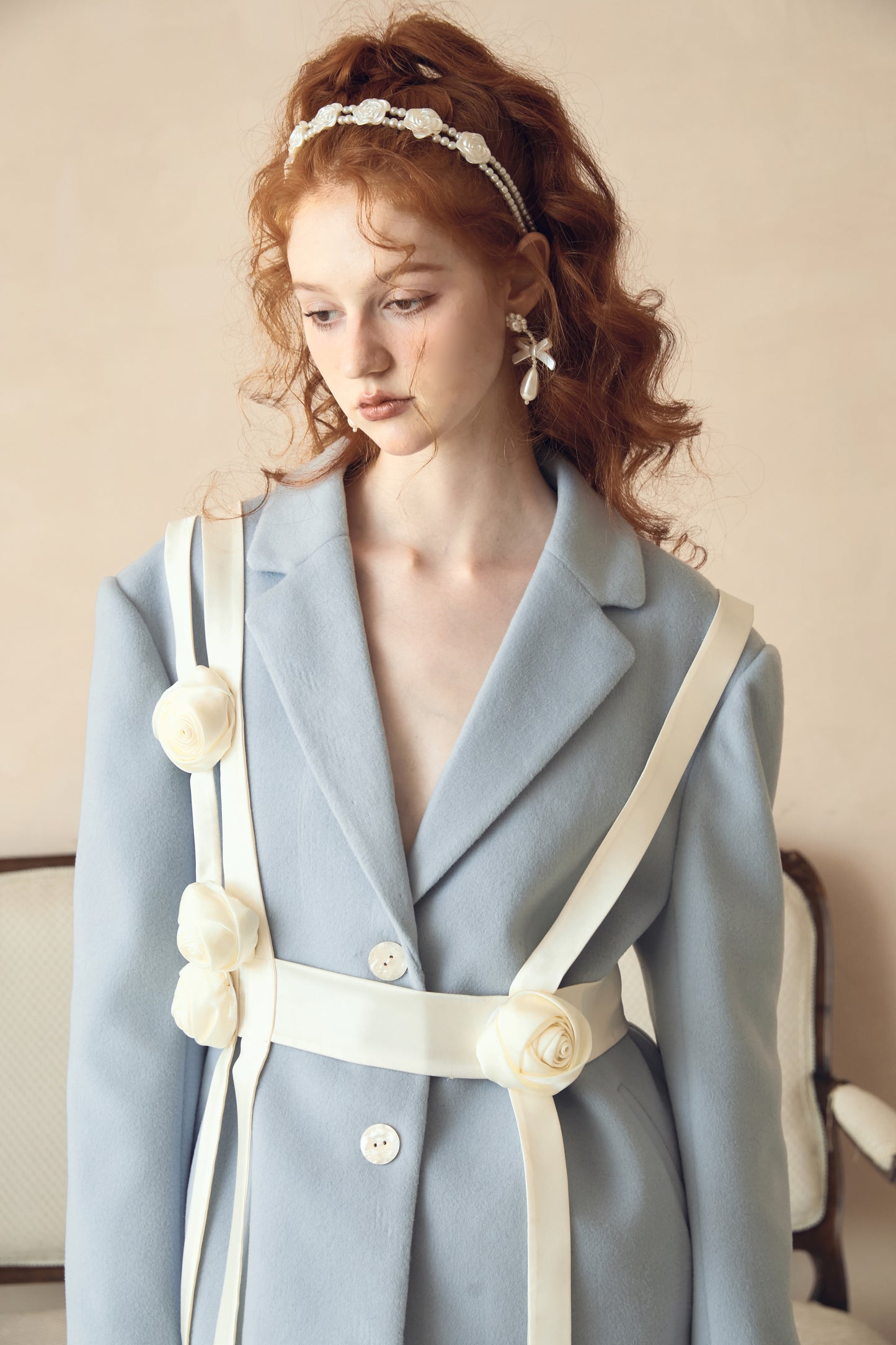 Three-dimensional Rose Decorated Milk Blue Woolen Suit