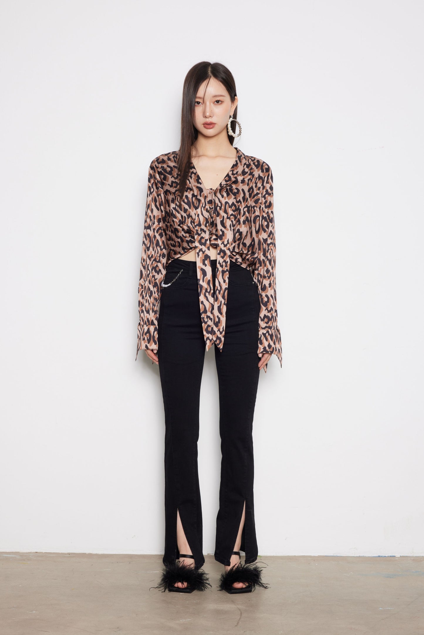 Deep Coffee Leopard Print Draped Blouse