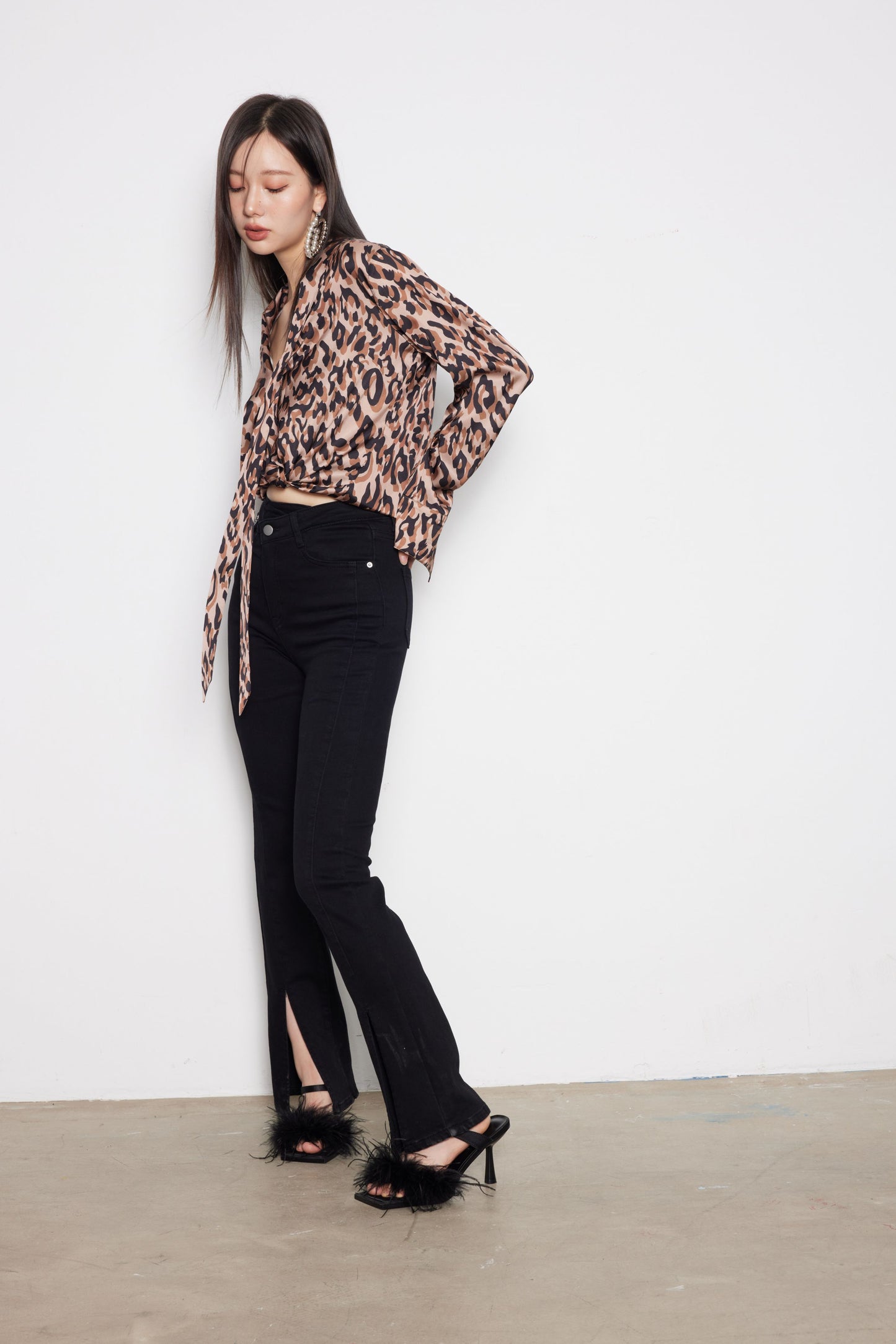 Deep Coffee Leopard Print Draped Blouse