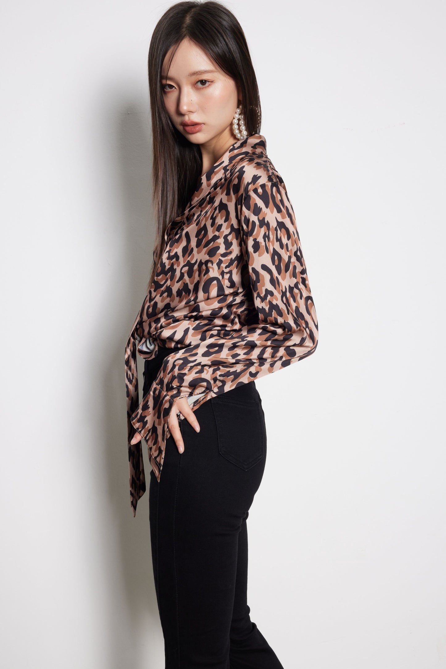 Deep Coffee Leopard Print Draped Blouse