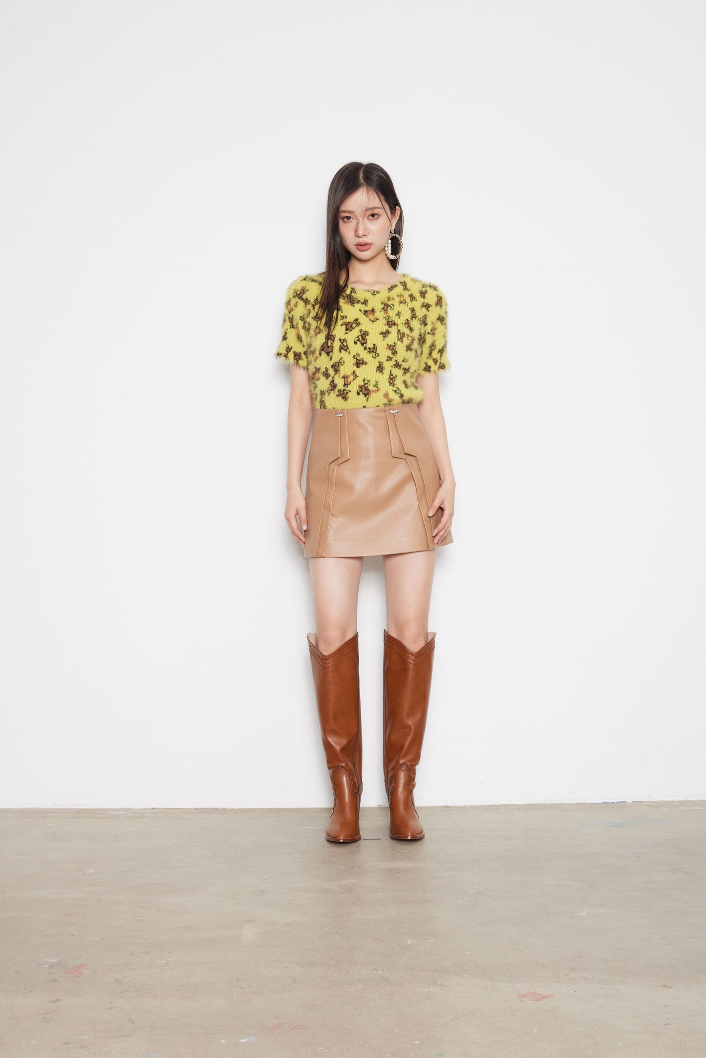 Faux Mink Fur Leopard Print Yellow Knitted Top