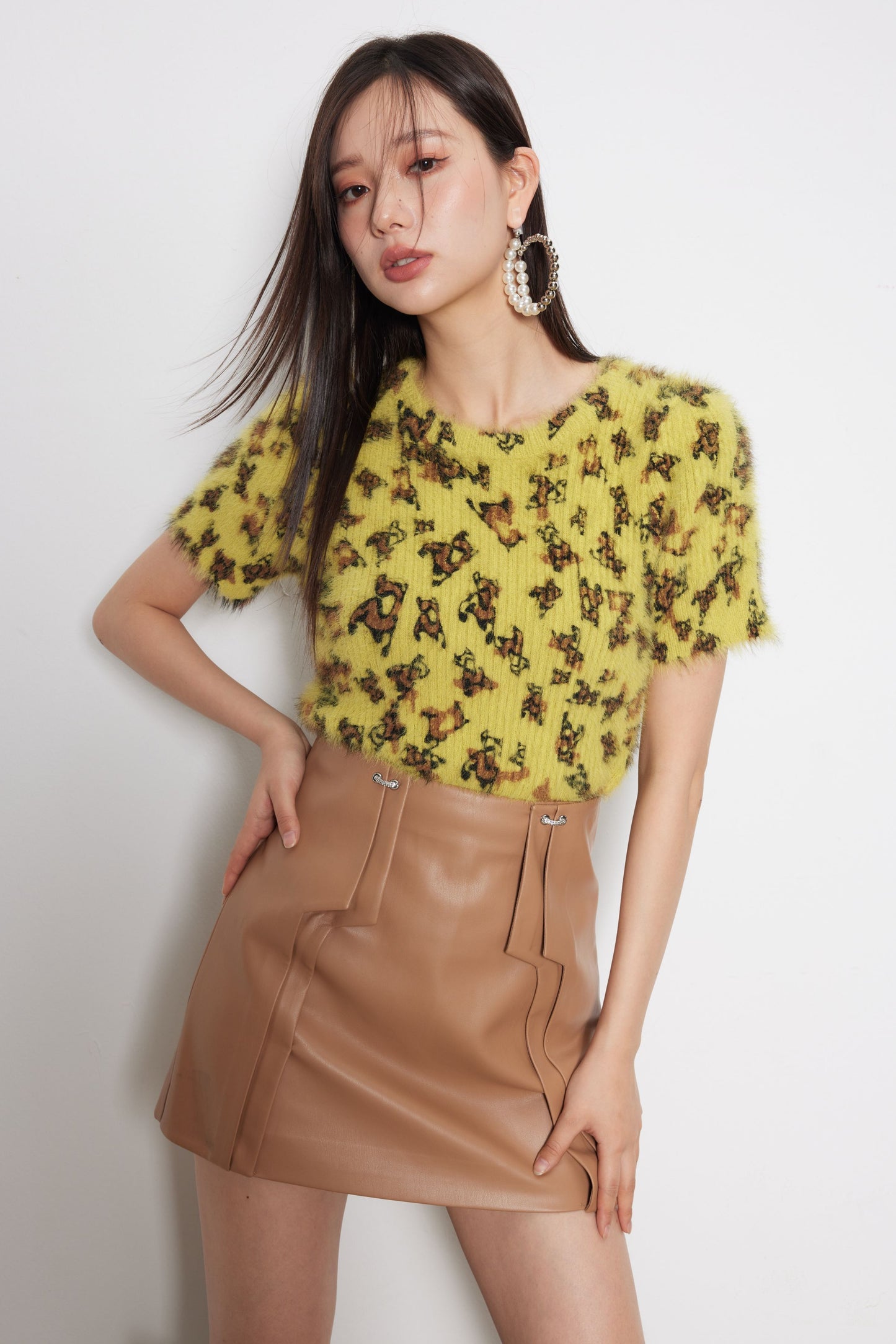 Faux Mink Fur Leopard Print Yellow Knitted Top