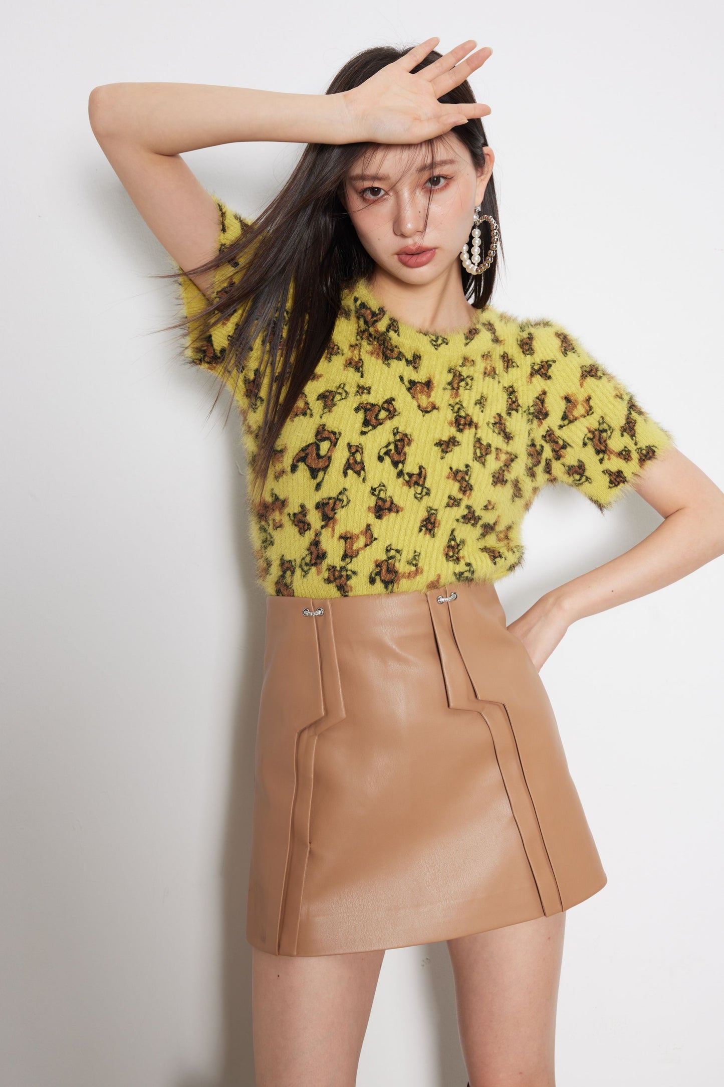 Faux Mink Fur Leopard Print Yellow Knitted Top