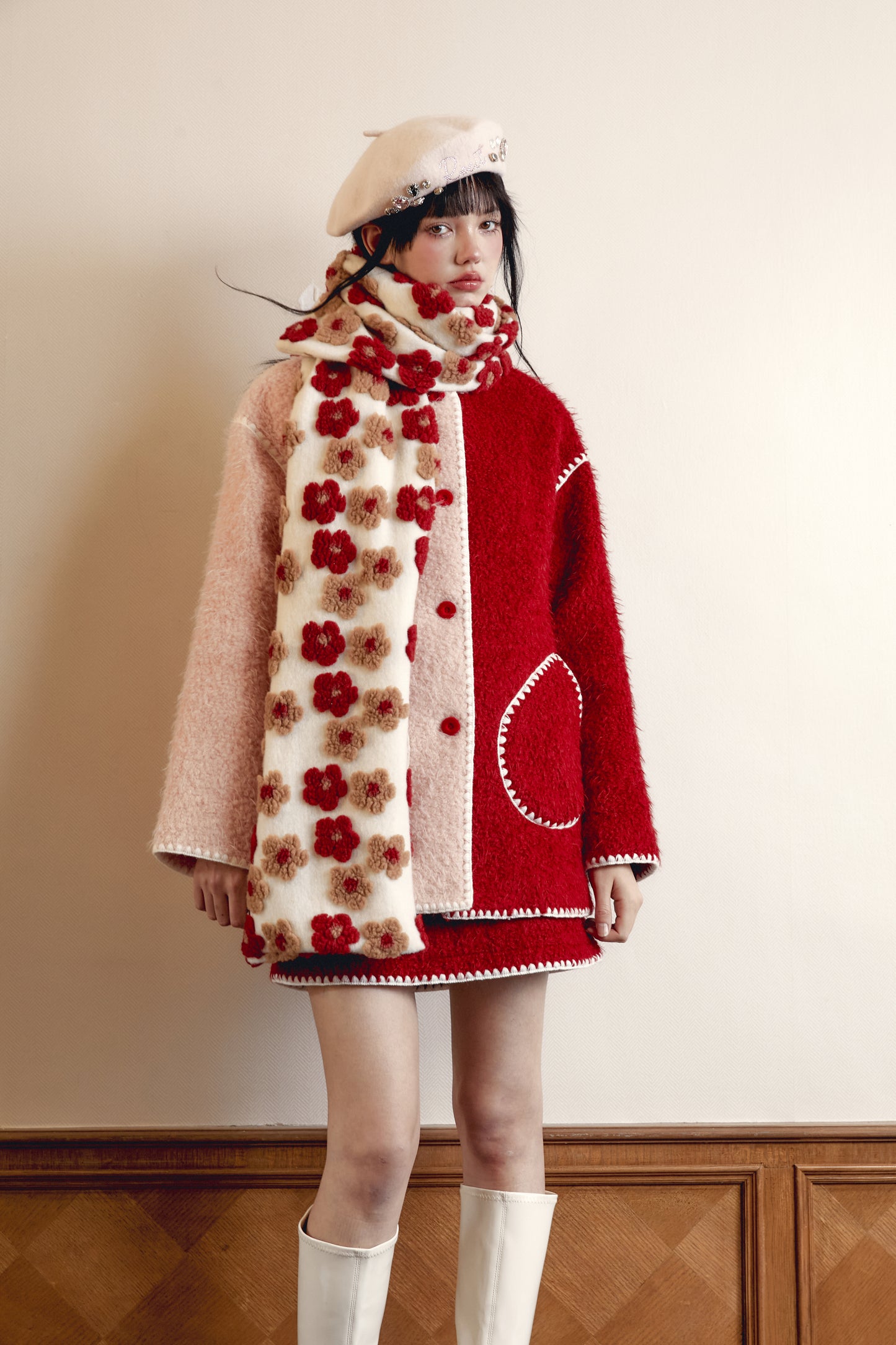 Red and Pink Color Block Wool Coat Set with Scarf