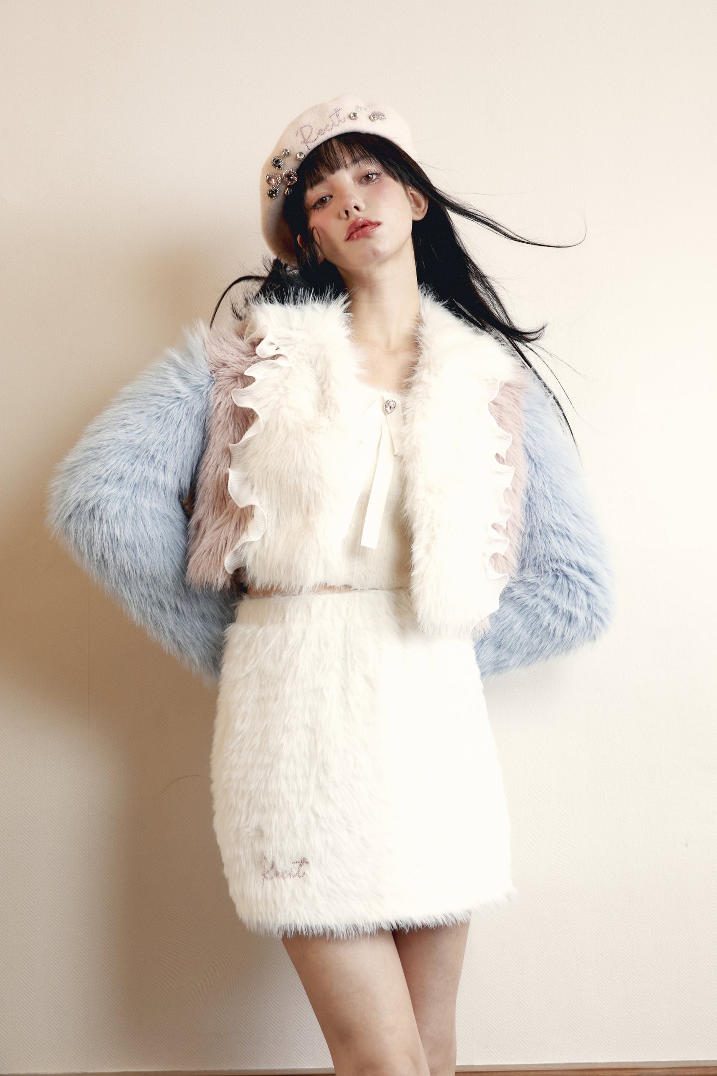 Pink and Blue Color Block Long Faux Fur Coat