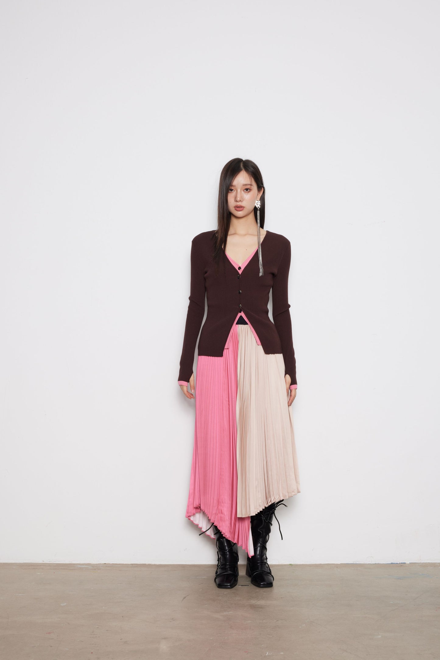 Pink And Camel Acetate Pleated Skirt