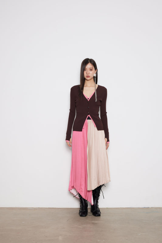 Pink-khaki Contrasting Color False Two-piece Drawstring Knit Cardigan