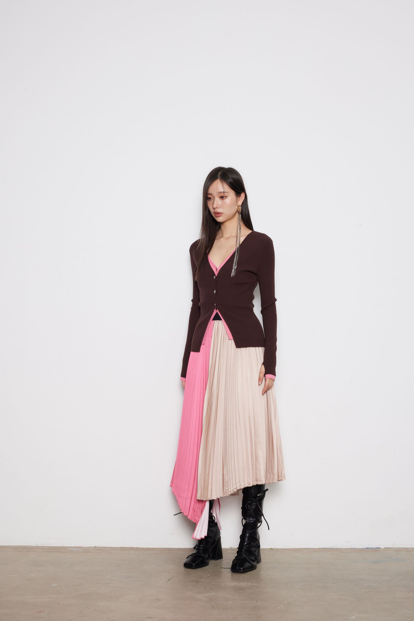 Pink-khaki Contrasting Color False Two-piece Drawstring Knit Cardigan