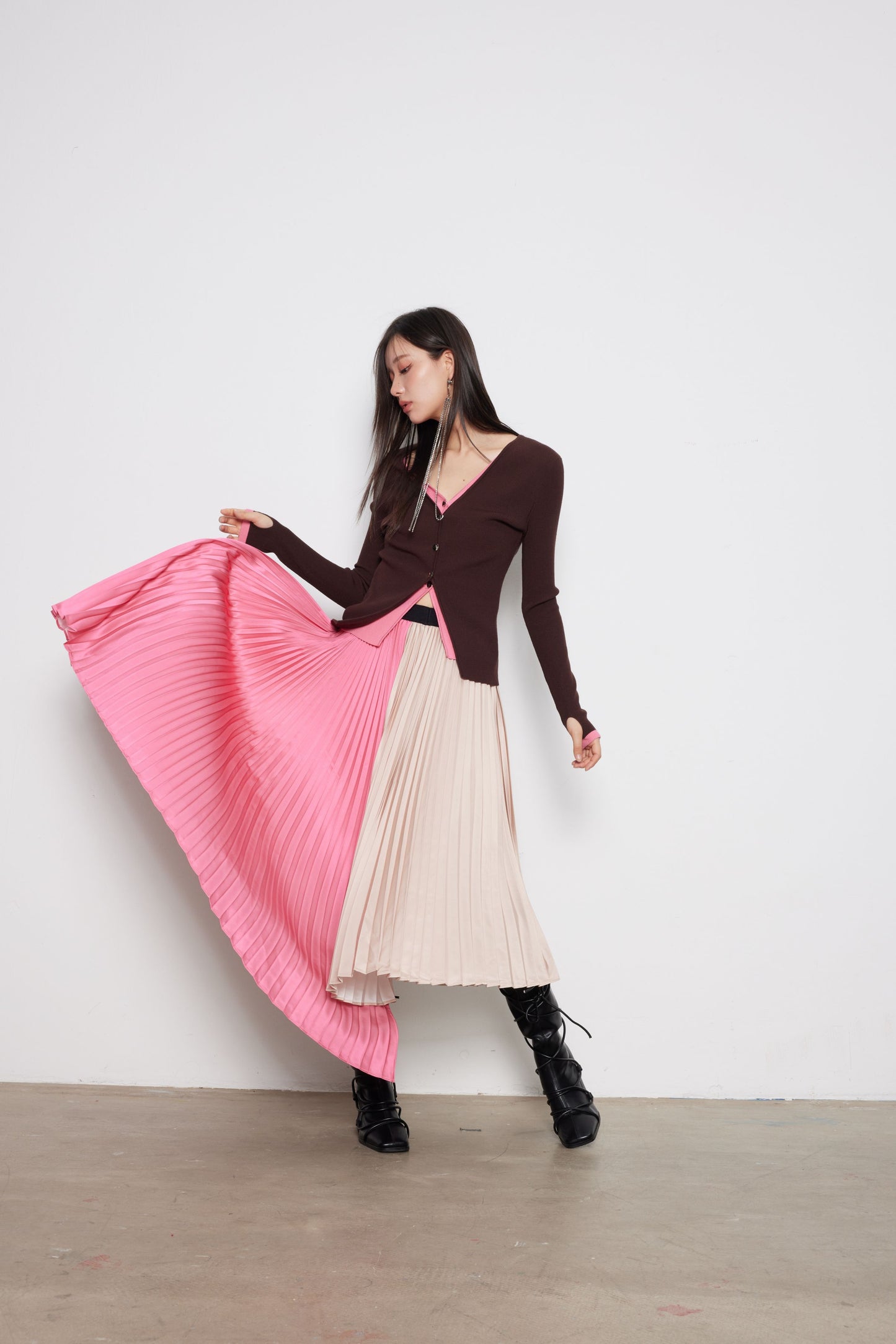 Pink And Camel Acetate Pleated Skirt