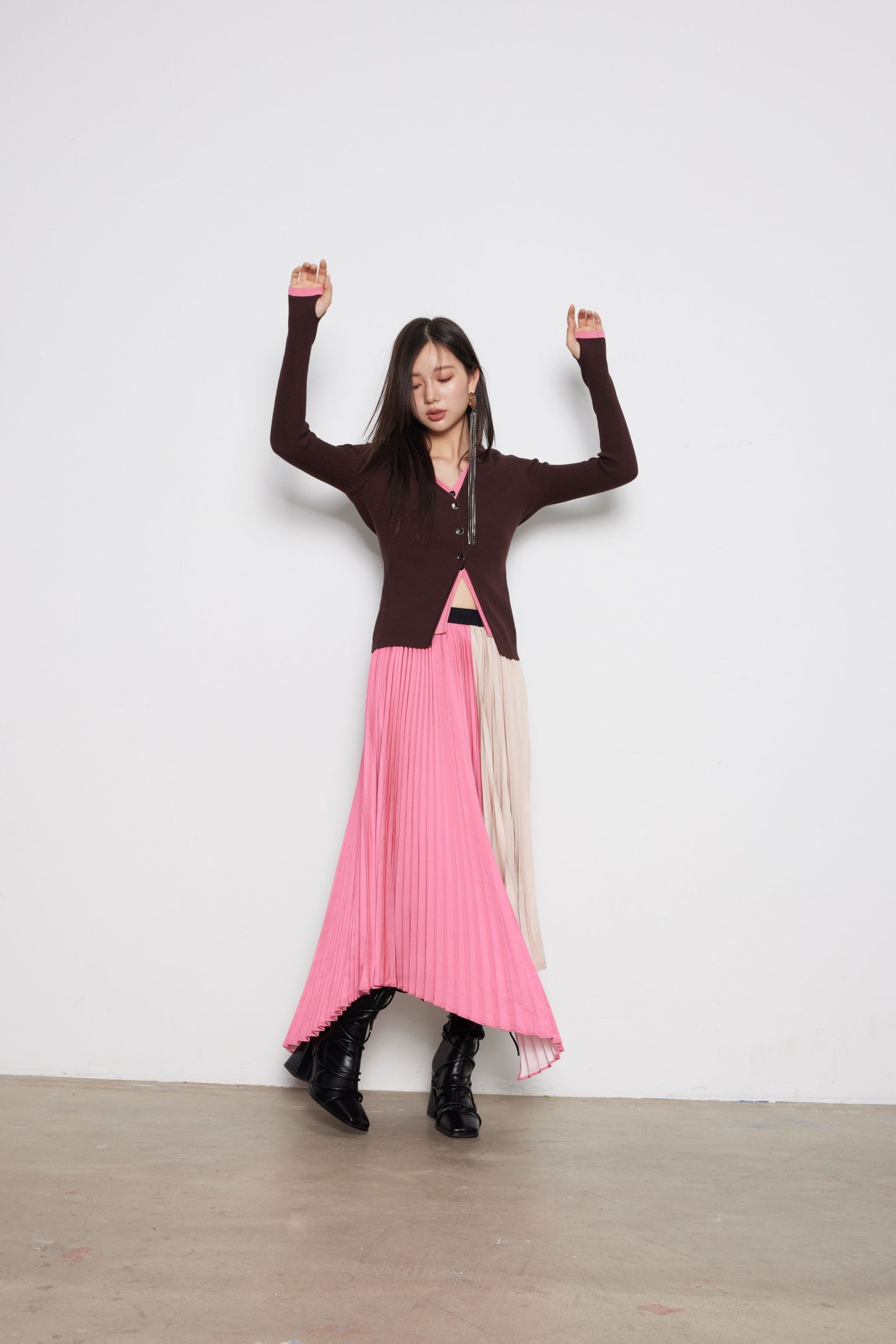 Pink And Camel Acetate Pleated Skirt