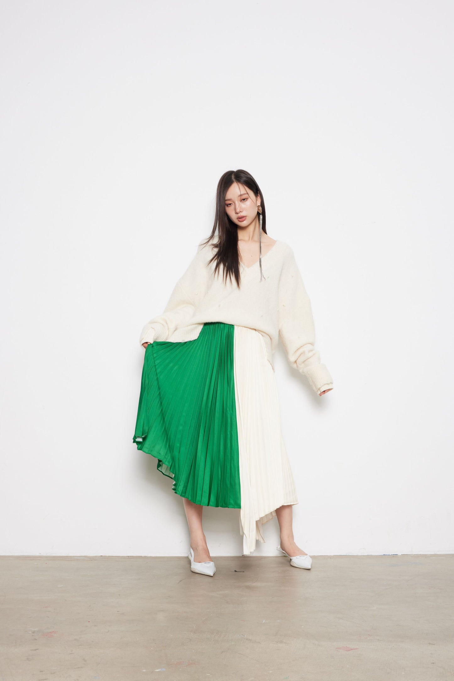Green And White Acetate Pleated Skirt