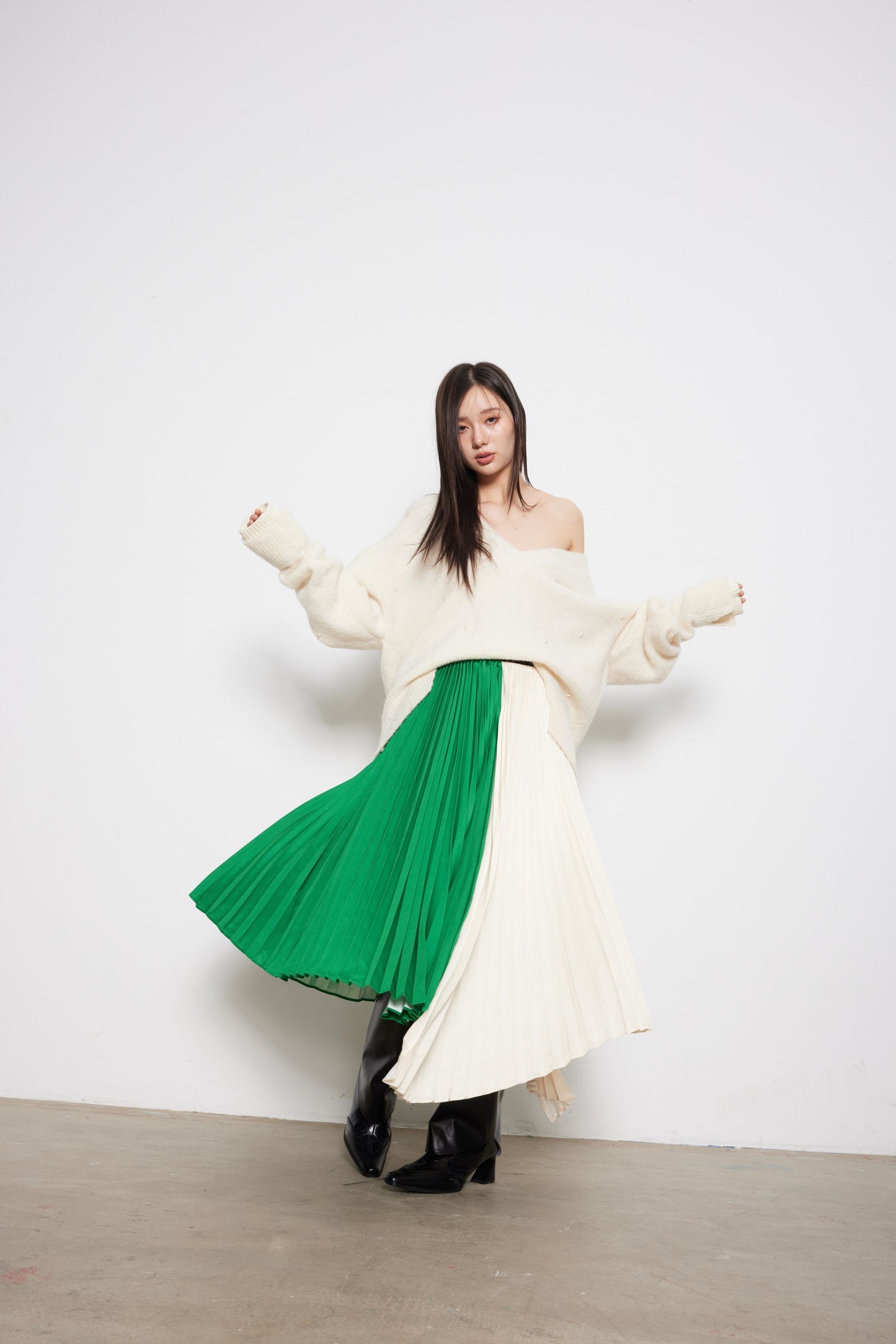 Green And White Acetate Pleated Skirt