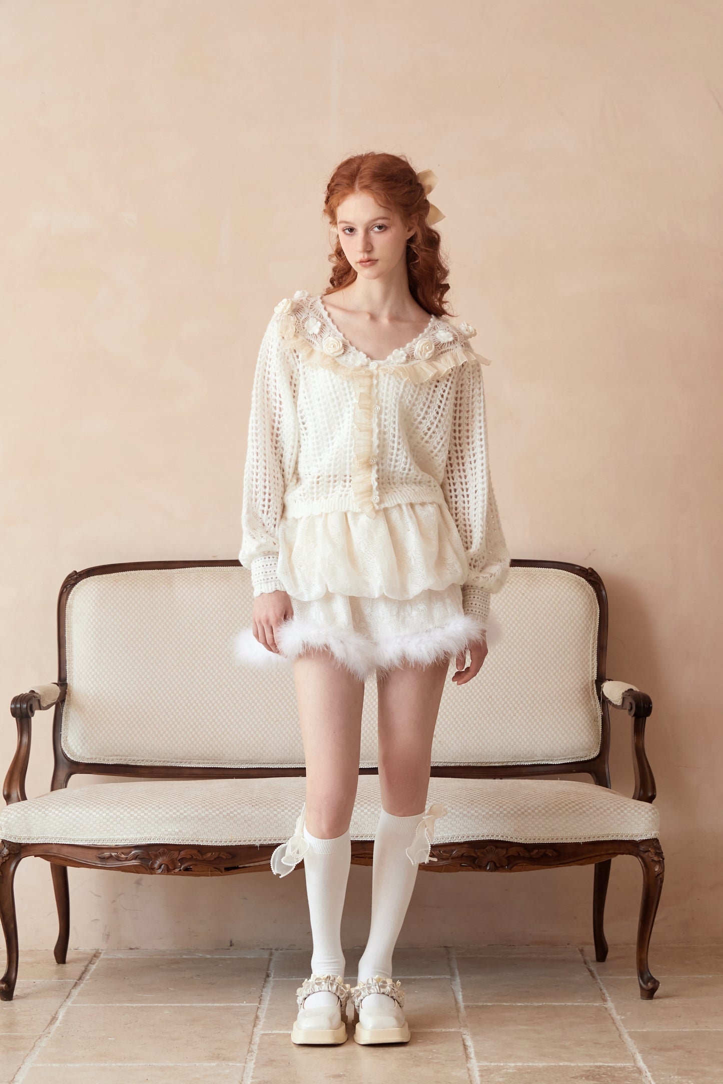 Chunky Knit Loose Cardigan with Ruffled Lace Edges