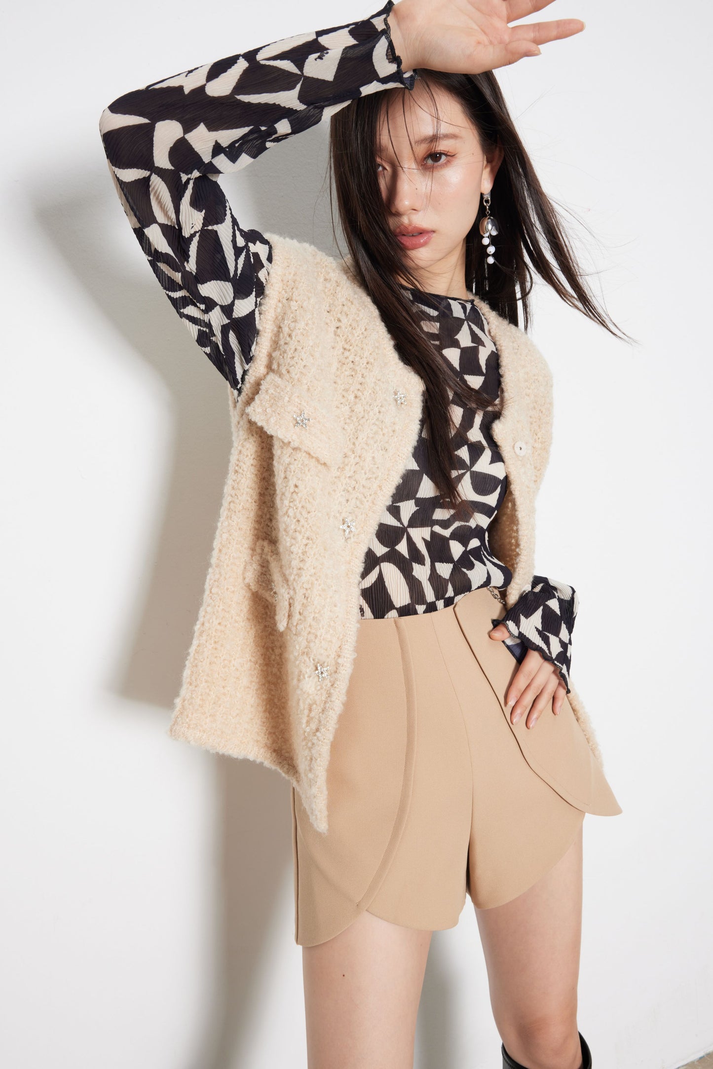 Black And Camel Geometric Crushed Blouse
