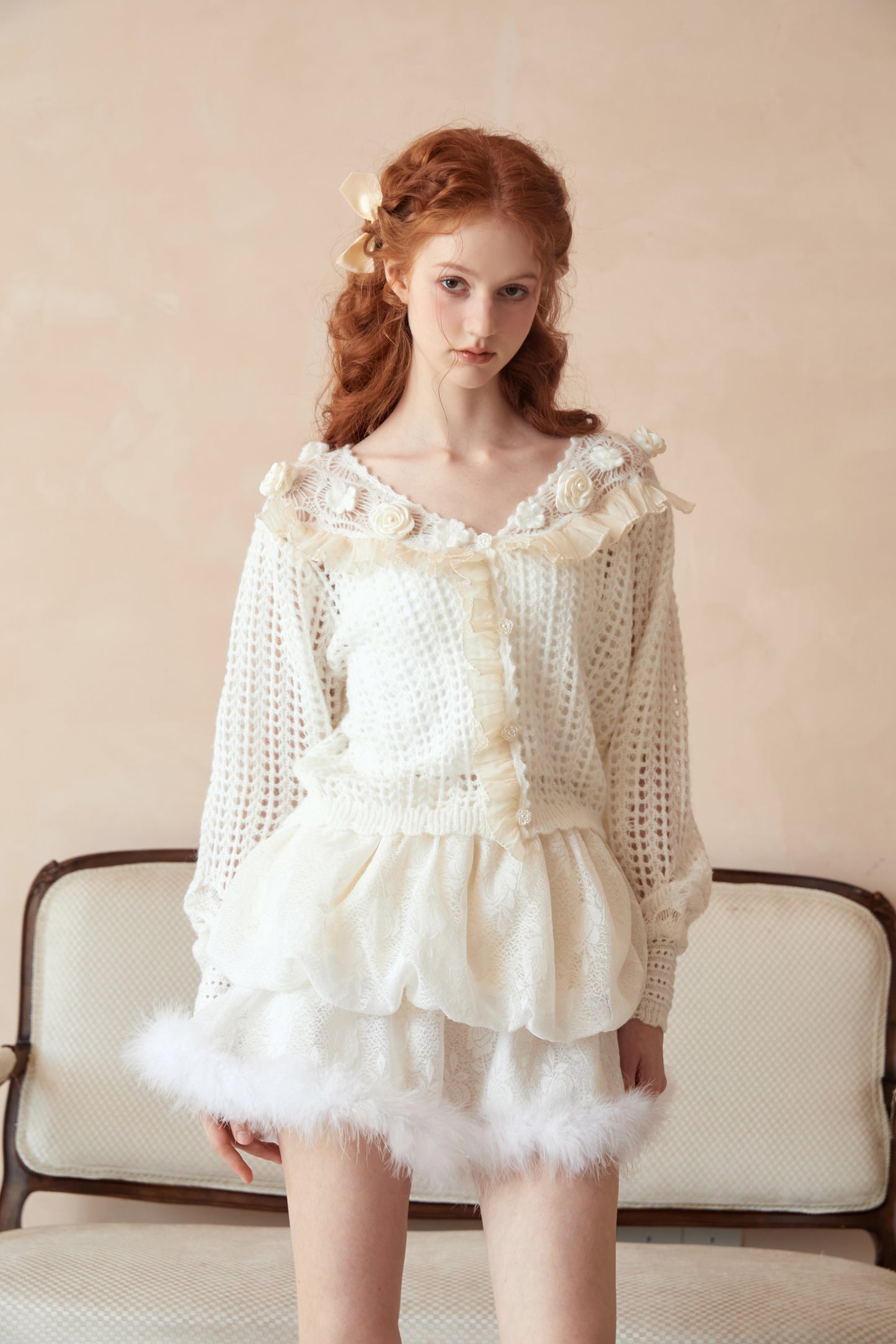 Chunky Knit Loose Cardigan with Ruffled Lace Edges