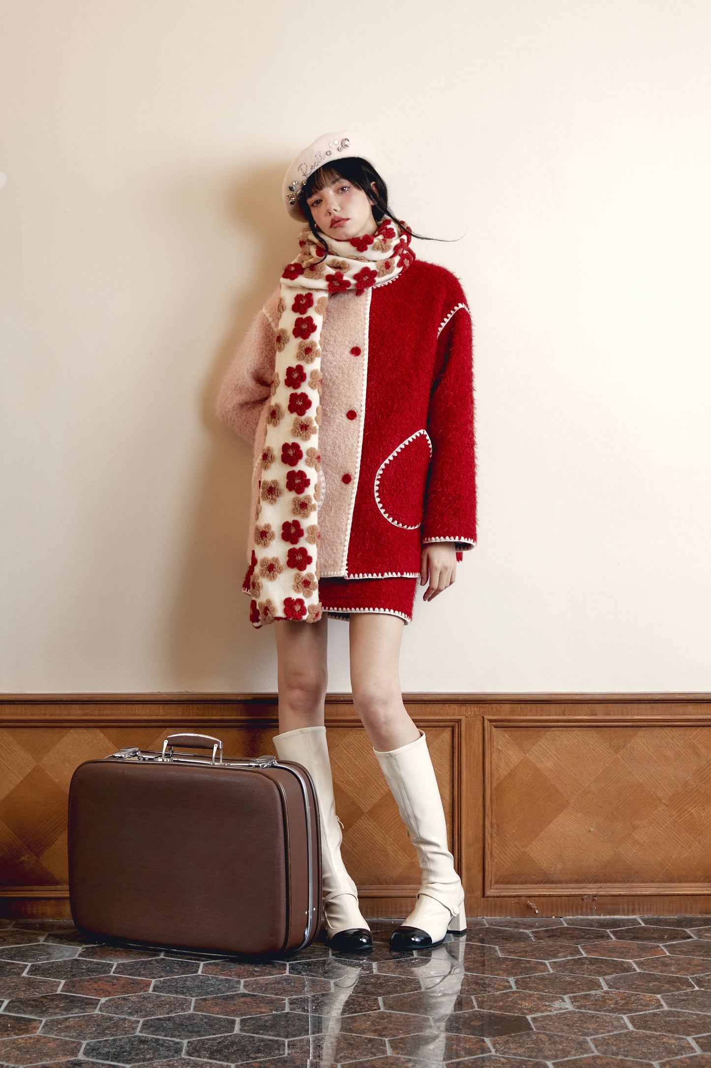 Red and Pink Color Block Wool Coat Set with Scarf