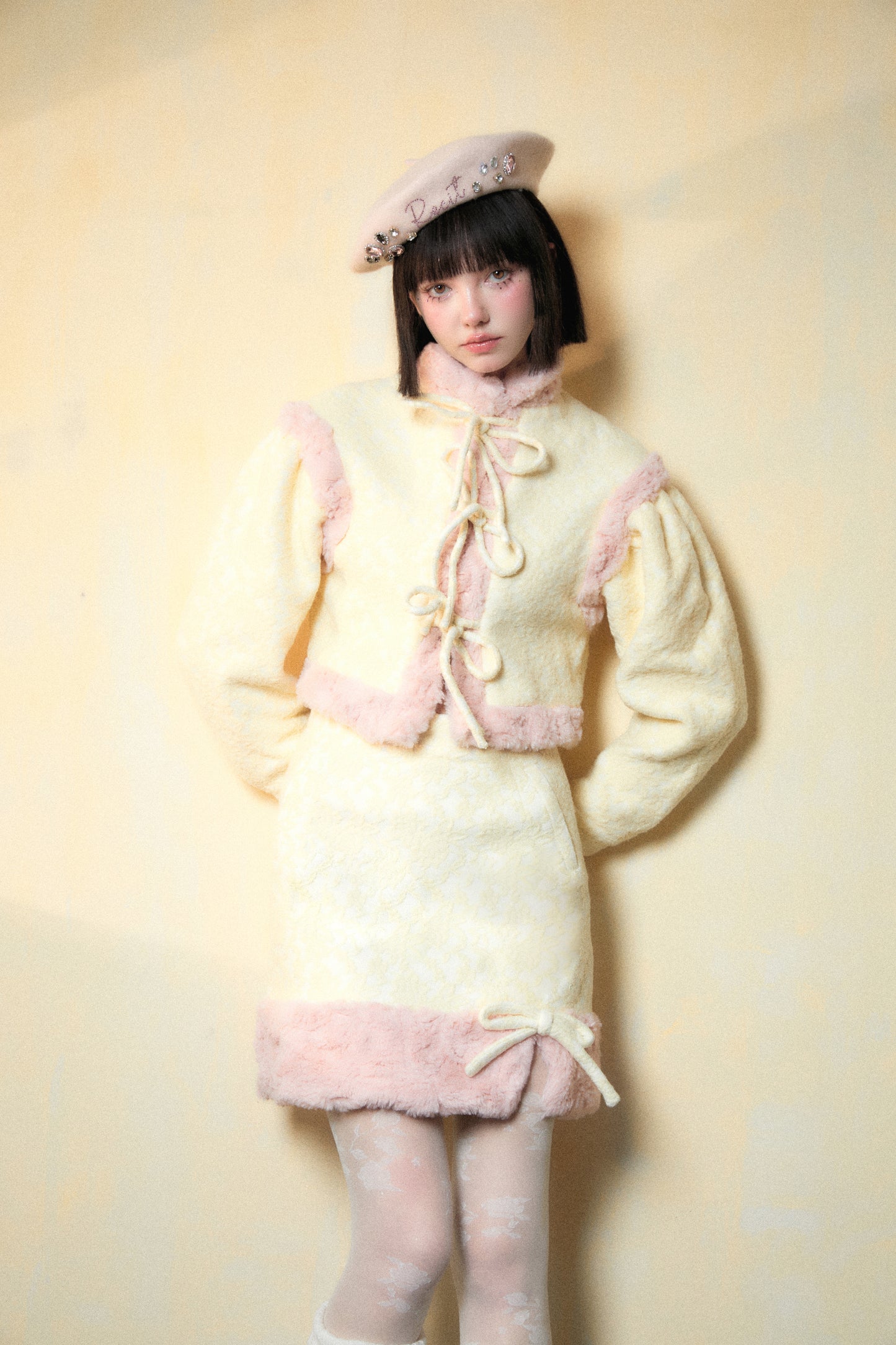 Yellow and Pink Color Block Three-dimensional Plush Suit, Skirt