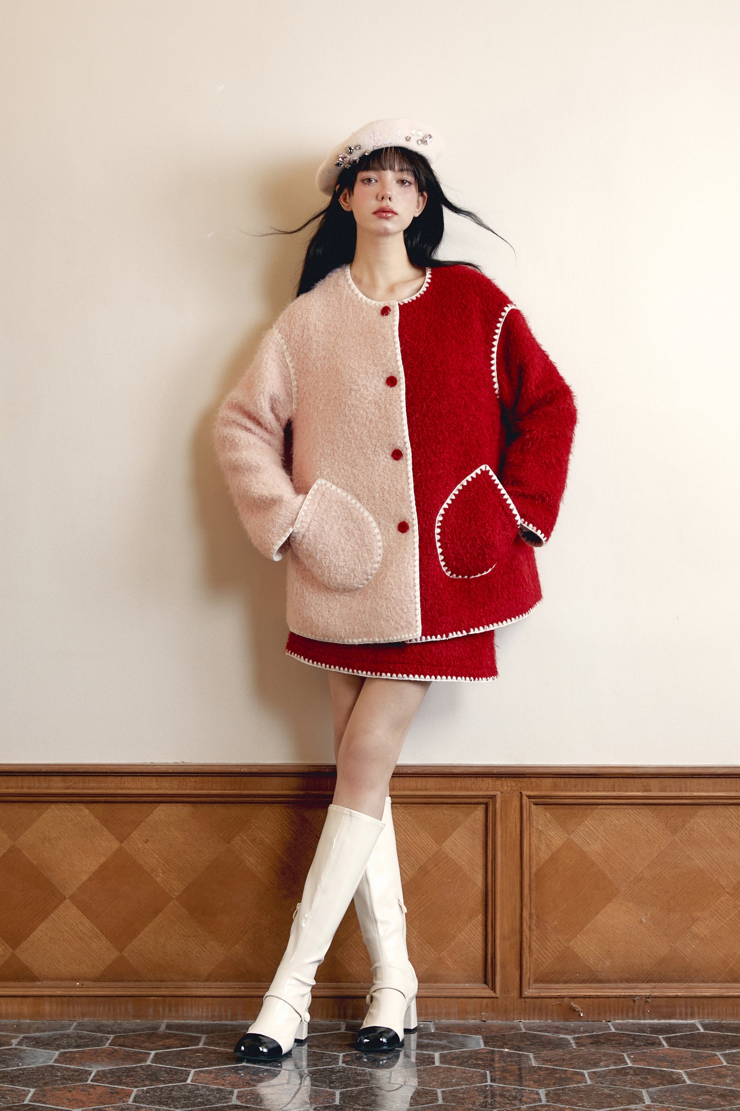 Red and Pink Color Block Wool Coat Set with Shell Embroidery