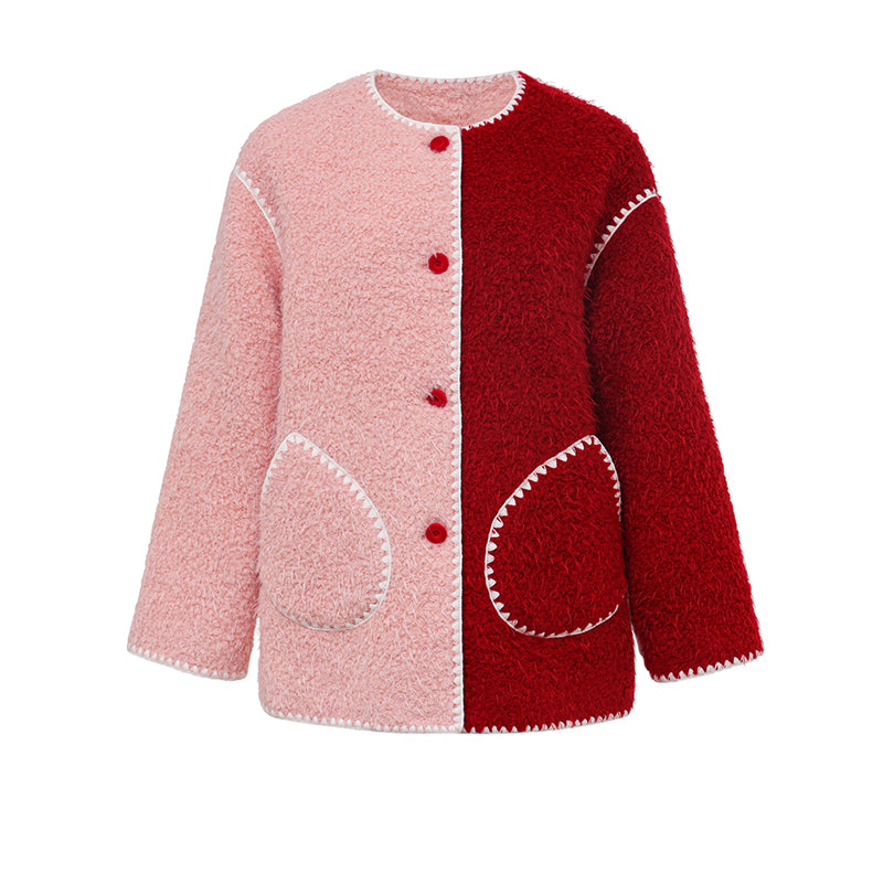 Red and Pink Color Block Wool Coat Set with Shell Embroidery