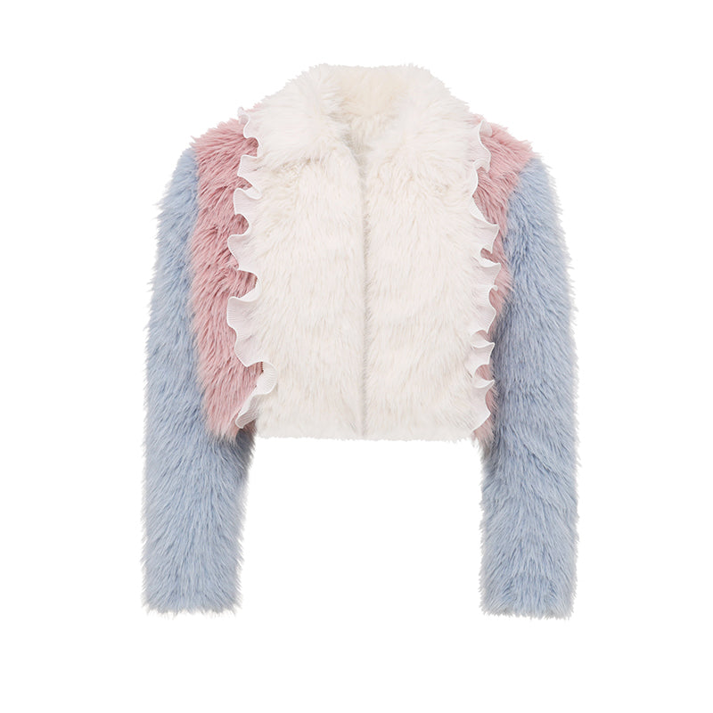 Pink and Blue Color Block Long Faux Fur Coat