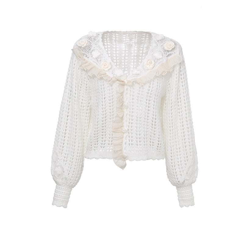 Chunky Knit Loose Cardigan with Ruffled Lace Edges