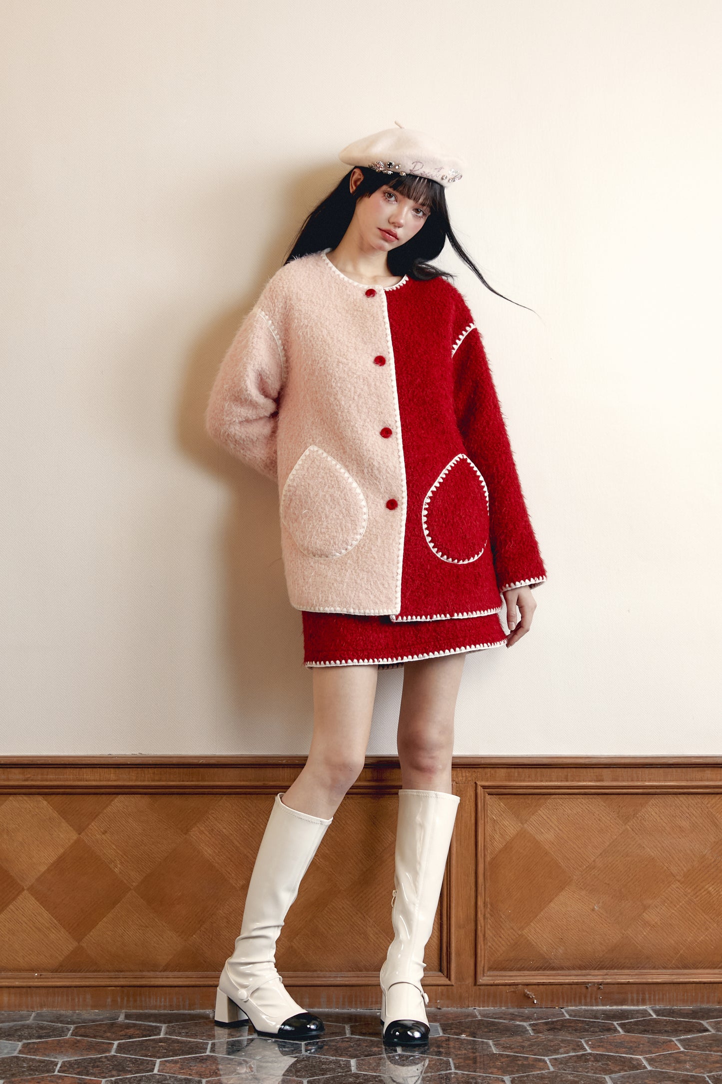 Red and Pink Color Block Wool Coat Set with Shell Embroidery