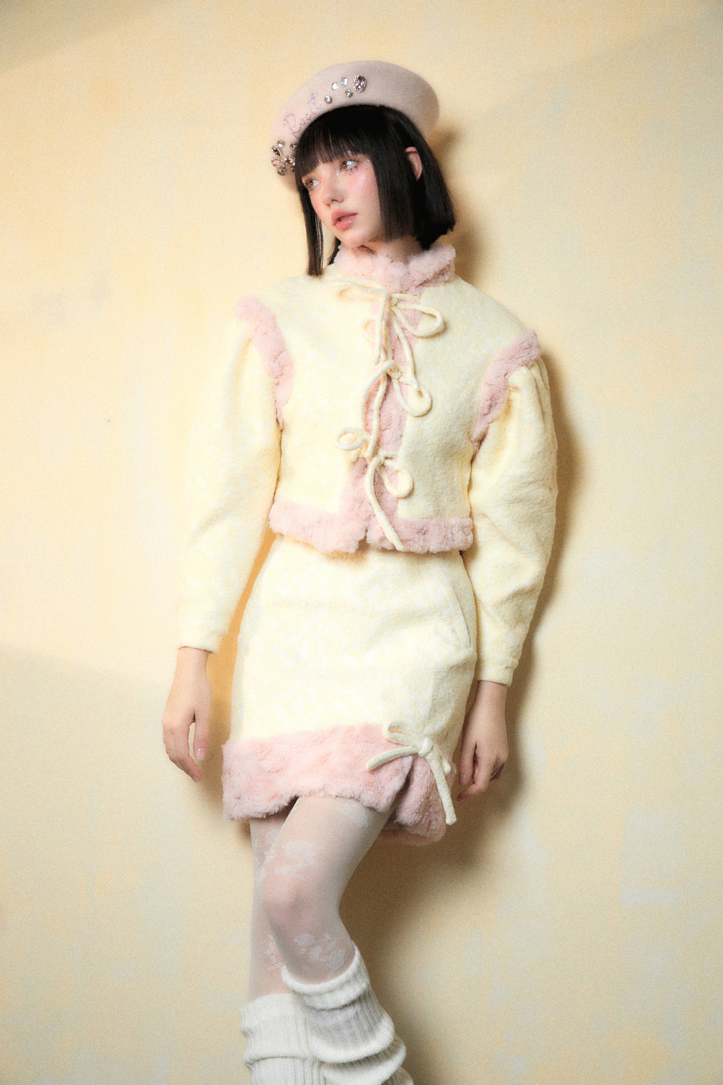 Yellow and Pink Color Block Three-dimensional Plush Suit, Skirt