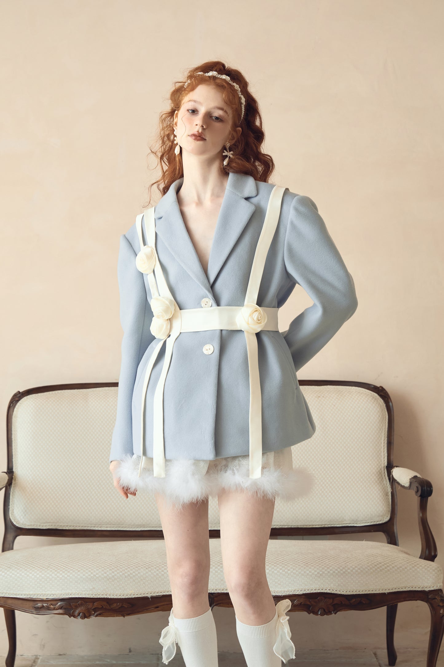 Three-dimensional Rose Decorated Milk Blue Woolen Suit