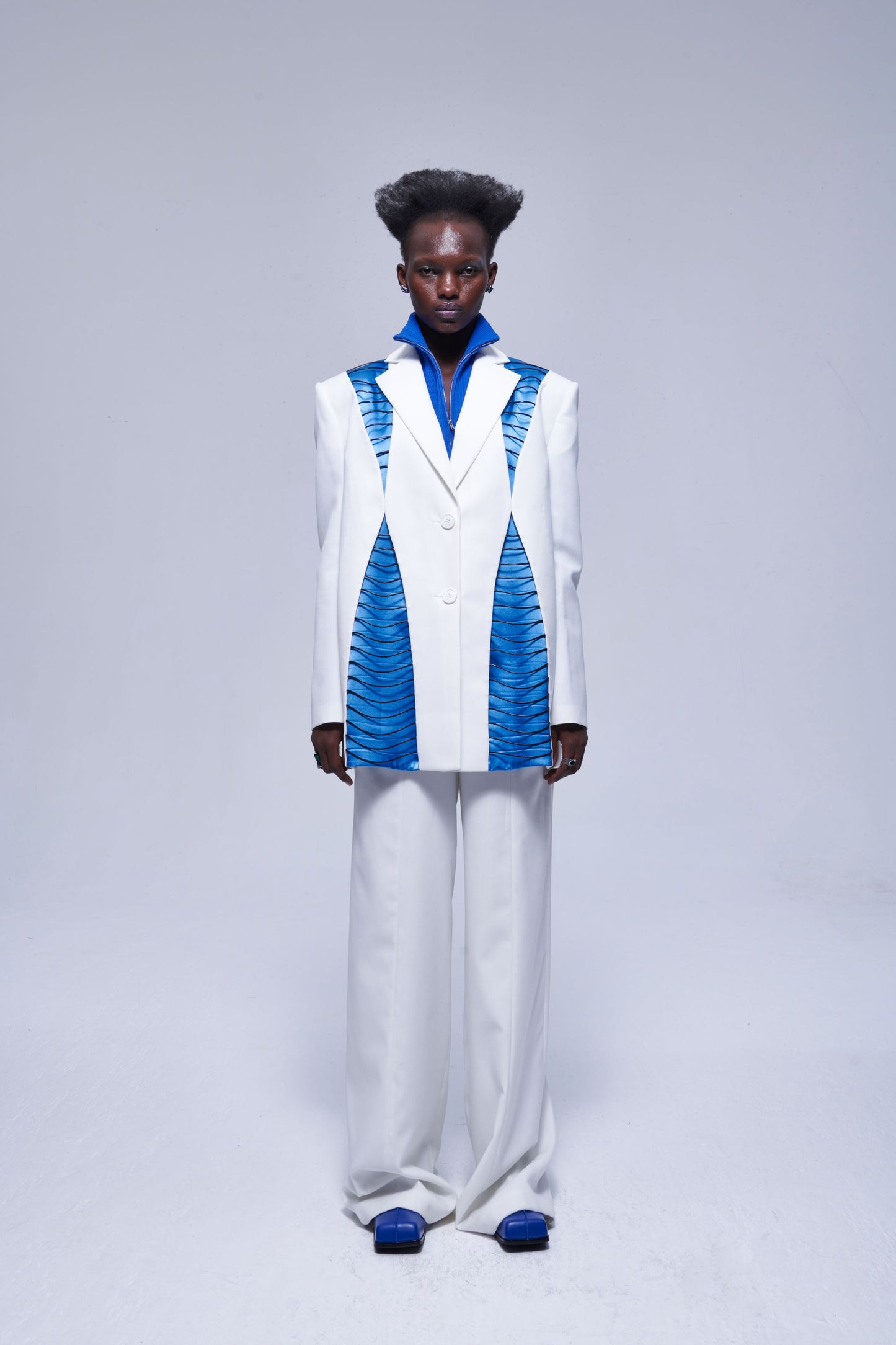 White And Blue Color Block Suit Jacket