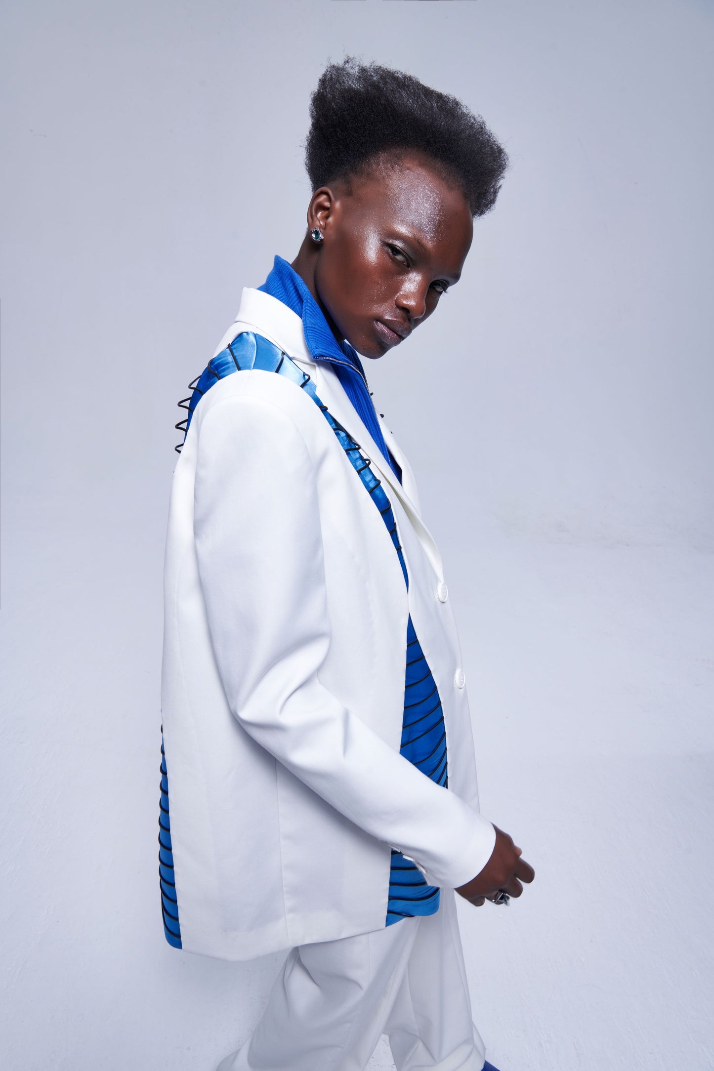 White And Blue Color Block Suit Jacket