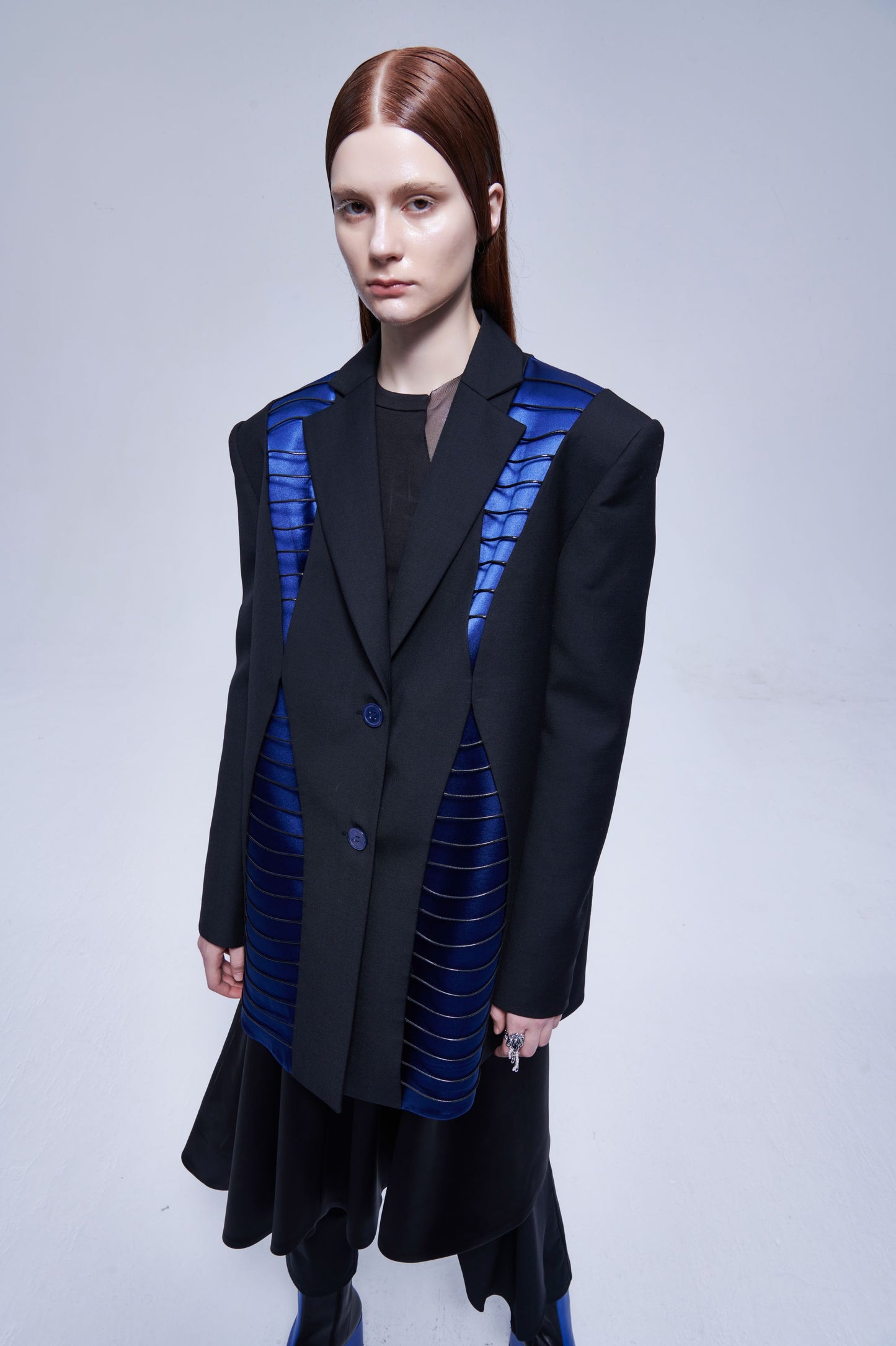 Black And Blue Color Block Suit Jacket