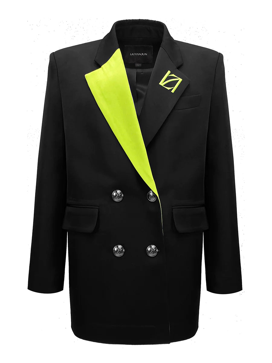 BLACK DOUBLE-BREASED OVERSIZED BLAZER WITH GREEN COLLAR