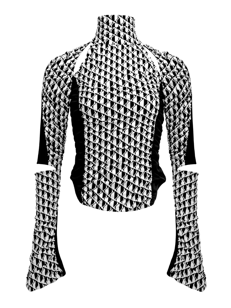 PRINTED GATHERED LONG SLEEVES TOP WITH CUT-OUT DETAIL