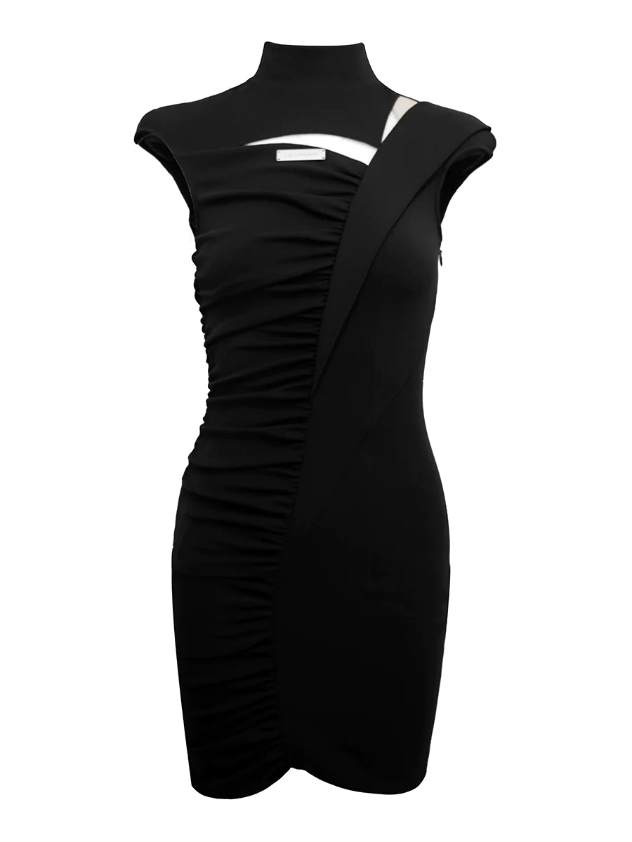 CUT-OUT GATHERED DRESS WITH SHOULDER PAD