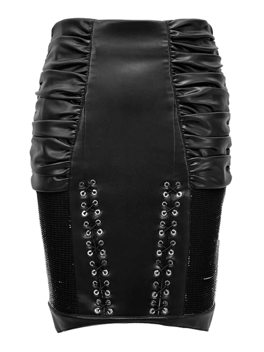 GATHERED FAUX LEATHER PENCIL SKIRT