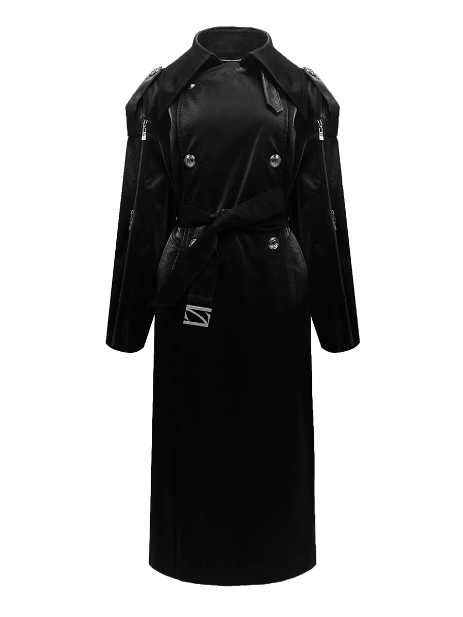 OVERSIZED FAUX LEATHER TRENCH COAT WITH SLIT