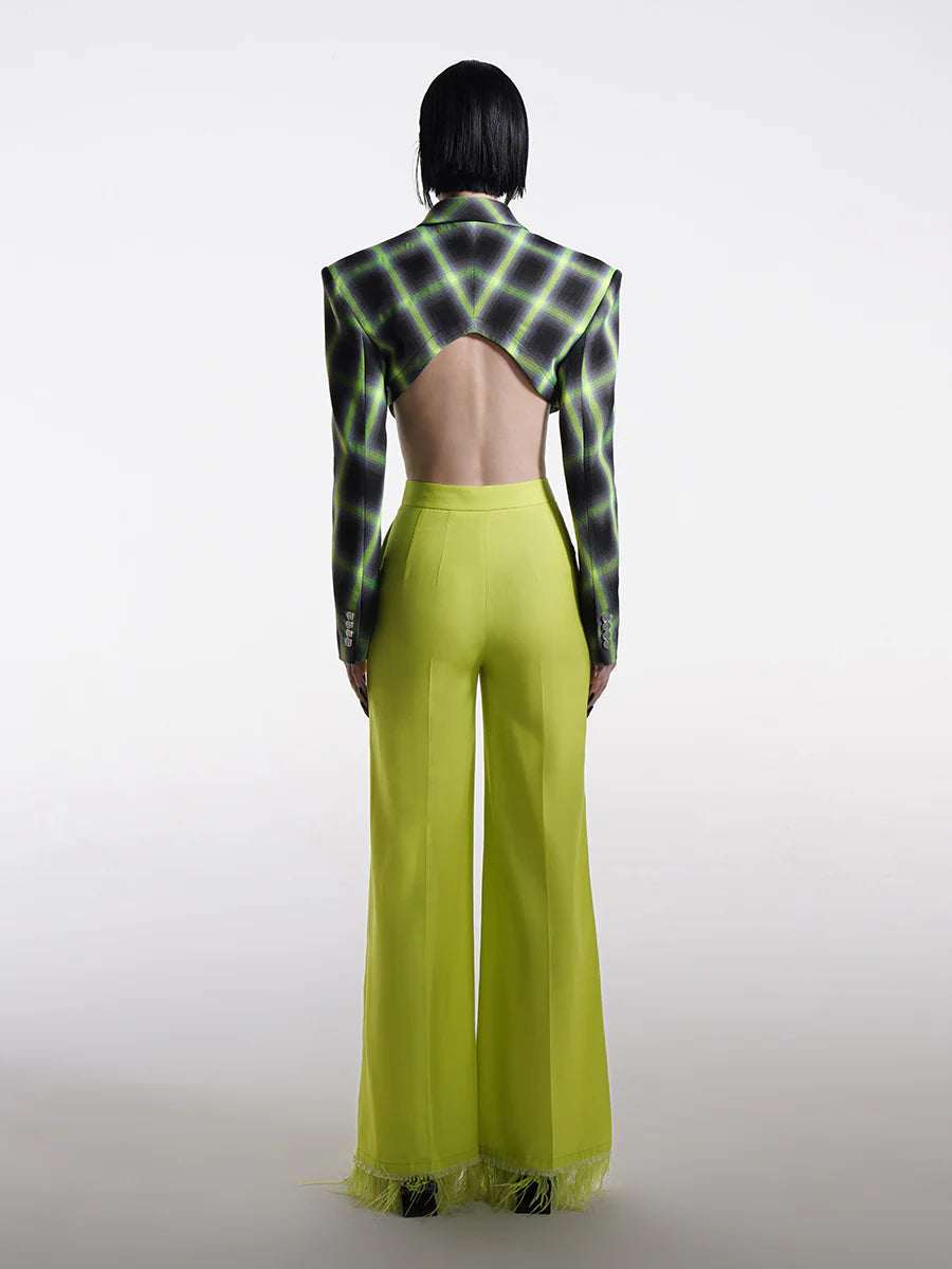 ASYMMETRIC NEON GREEN CHECK CROPPED BLAZER