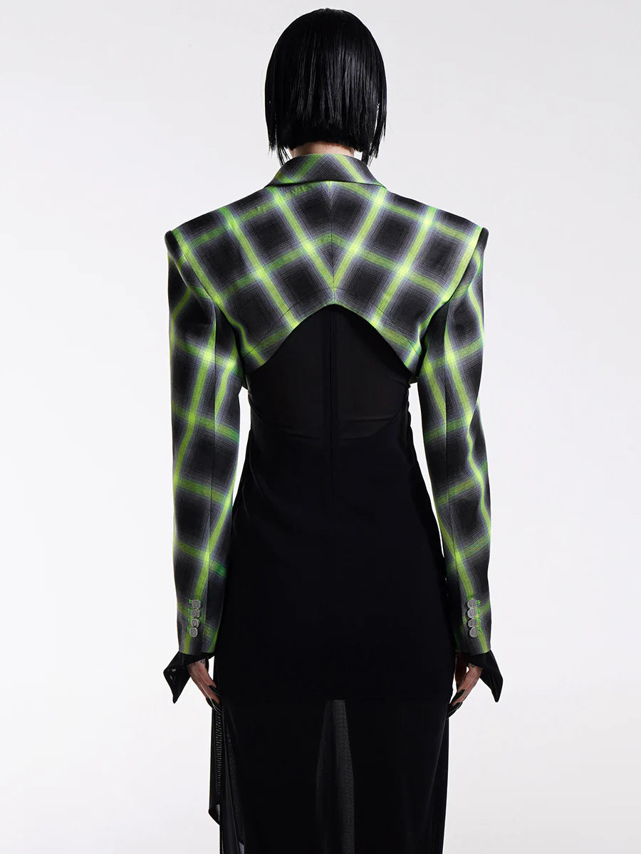 ASYMMETRIC NEON GREEN CHECK CROPPED BLAZER