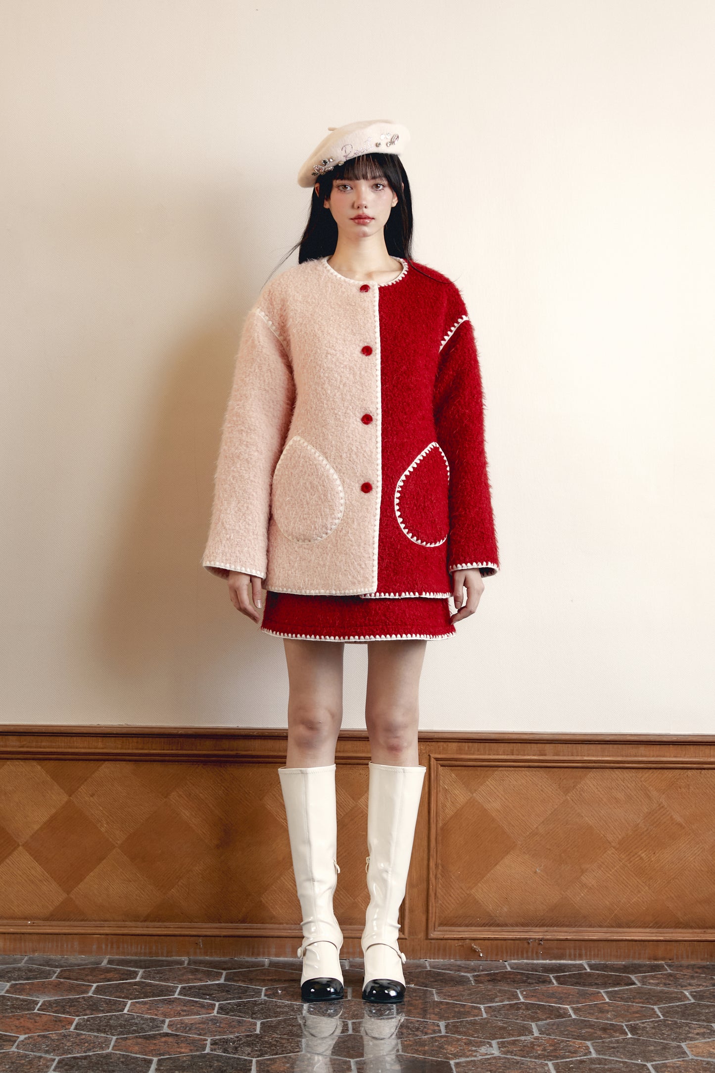 Red and Pink Color Block Wool Coat Set with Shell Embroidery