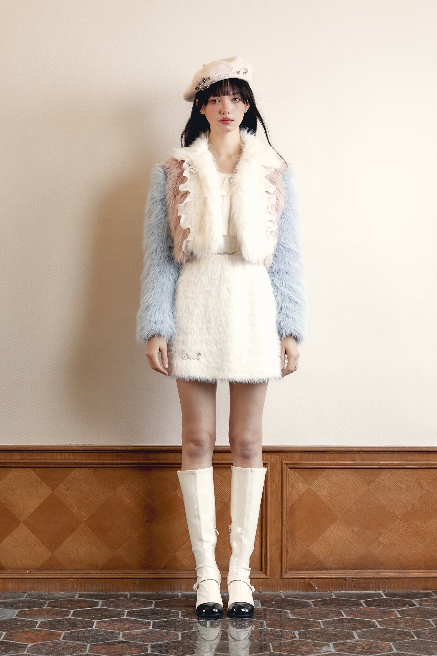 Pink and Blue Color Block Long Faux Fur Coat